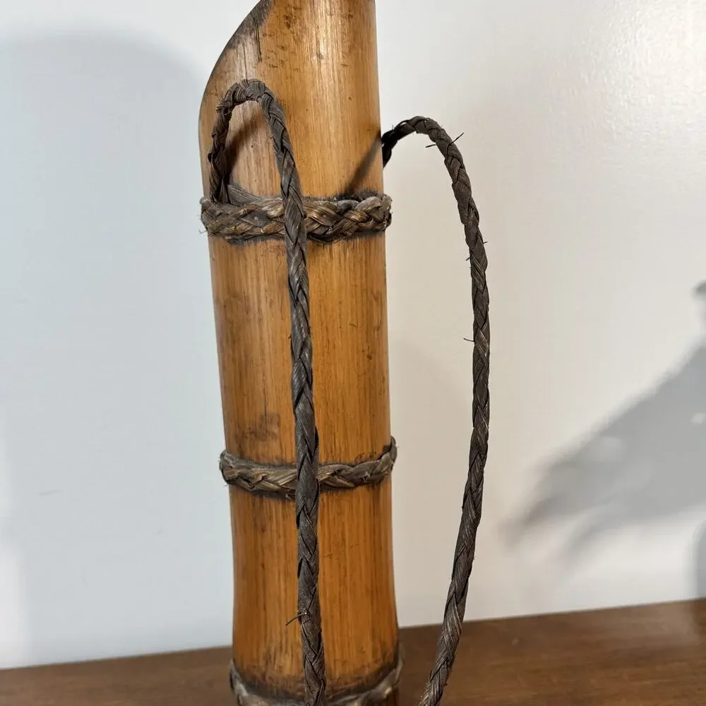 Vintage Handcrafted Bamboo Vase Planter with Braided Rope Handle & Accents 16.5